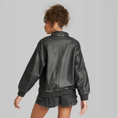 Women's Distressed Faux Leather Bomber Jacket - Wild Fable™ Black 2 Women's Distressed Faux Leather Bomber Jacket - Wild Fable™ Black - Image 2