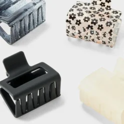 Flower and Glitter Rectangle Mini Claw Hair Clip Set 4pc - Wild Fable™ Black/White