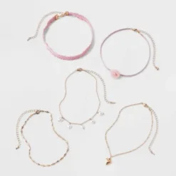 Rose Fabric and Heart Drop Choker Necklace Set 5pc - Wild Fable™ Gold/Pink
