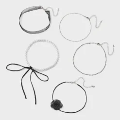 Crystal Faux Pearl & Ribbon Choker Necklace Set 5pc - Wild Fable™ Black/Silver