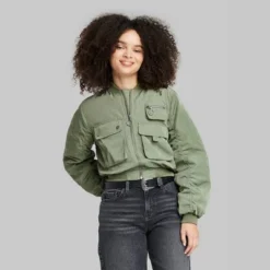 Women's Cargo Utility Cropped Bomber Jacket - Wild Fable⢠Green