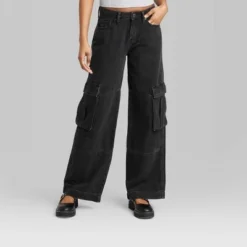 Women's Mid-Rise Cargo Baggy Wide Leg Utility Jeans - Wild Fable™ Black Wash