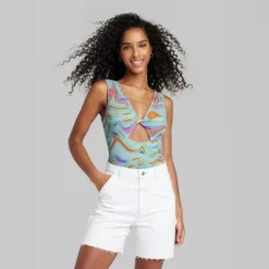 Women's Twist-Front Cut Out Tank Bodysuit - Wild Fable™ Light Aqua Blue