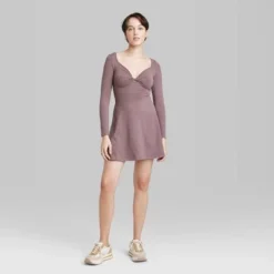 Women's Long Sleeve Twist-Front Mini Knit Skater Dress - Wild Fable⢠Chestnut