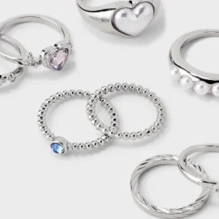 Pearl Heart and Star Ring Set 8pc - Wild Fable™ Silver
