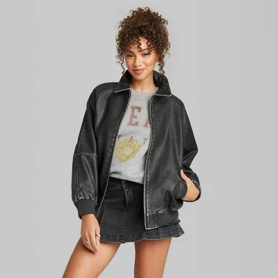 Women's Distressed Faux Leather Bomber Jacket - Wild Fable™ Black 1 Women's Distressed Faux Leather Bomber Jacket - Wild Fable™ Black
