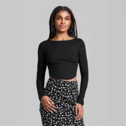 Women Long Sleeve Boat Neck T-Shirt - Wild Fable™ Black