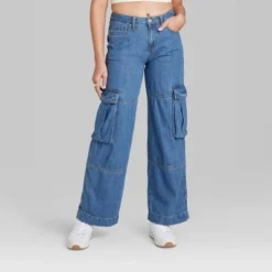 Women's Mid-Rise Cargo Baggy Wide Leg Utility Jeans - Wild Fable™ Medium Wash