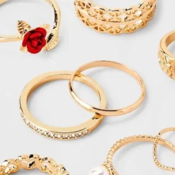 Pearl Heart and Rose Multi Ring Set 8pc - Wild Fable™ Gold