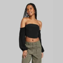 Women's Balloon Long Sleeve Off the Shoulder Top - Wild Fable™ Black